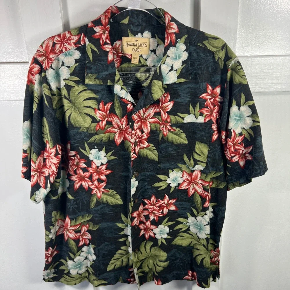 Havana Jacks Cafe Mens Large Black Silk Floral Tropical Hibiscus Camp Shirt L